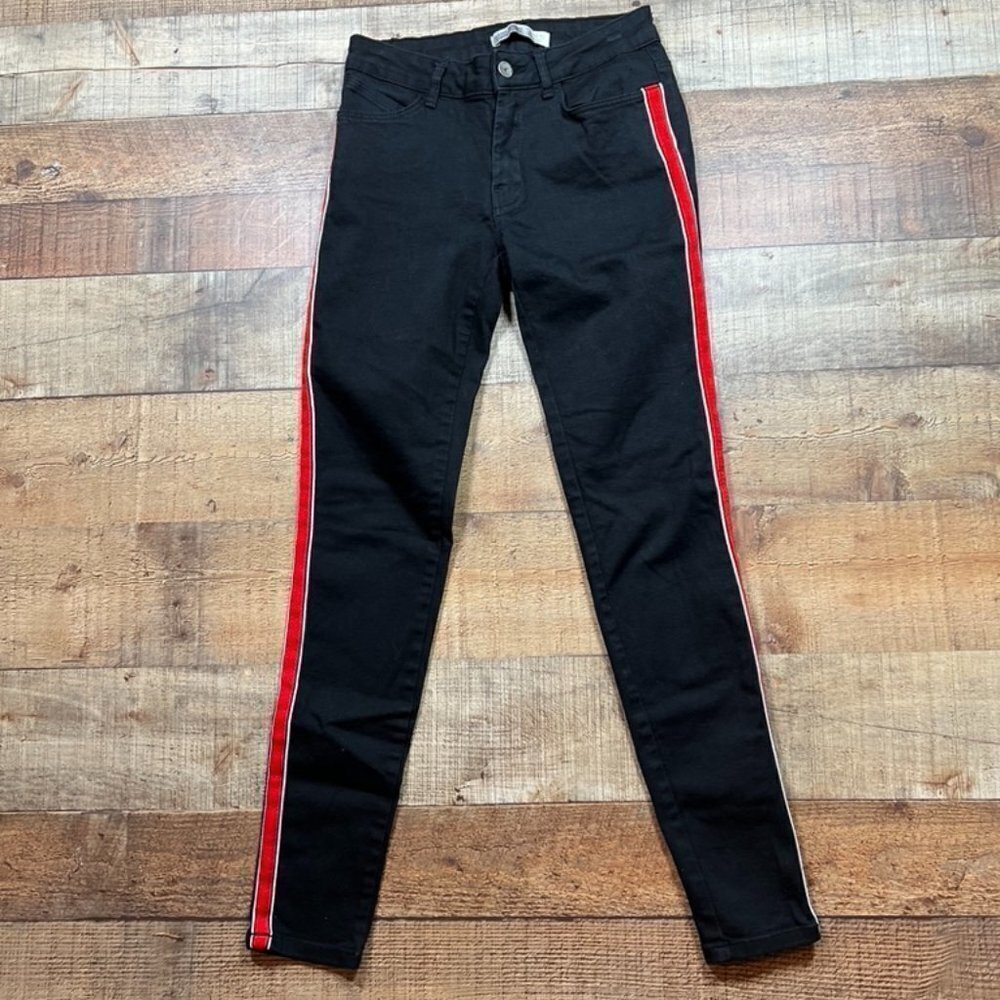 Women's Zara Black Basic Denim Skinny Jeans With Red Trim Size 4